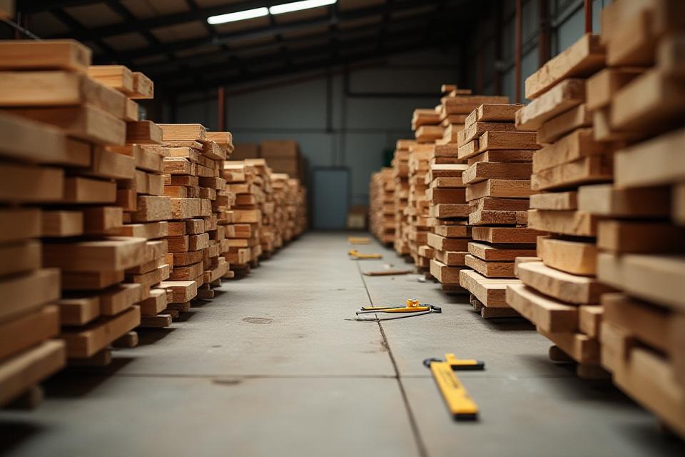 Nøyaktig stablet planker av treverk for tørking og lagring i et trevarelager